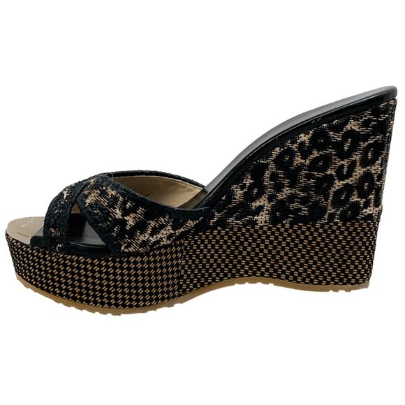 Jimmy Choo Black / Tan Leopard Print Raffia Wedge Sandals - Picture 3 of 6